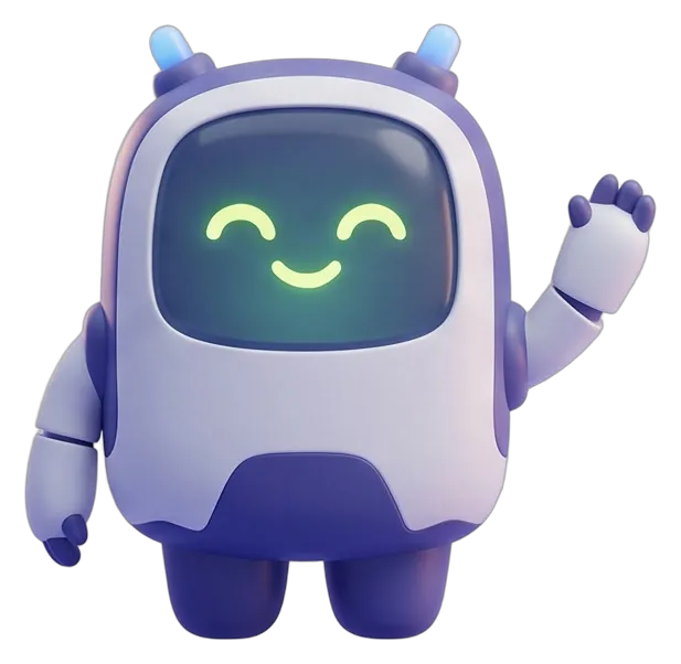 Pip, a small white and indigo robot with a smiling green face, waving.